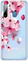 Voor Samsung Galaxy A21 gekleurd tekeningpatroon zeer transparant TPU beschermhoes (kersenbloesems)