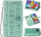 Voor Galaxy A71 5G schattige kat en hond reliëf horizontale flip lederen tas met beugel / kaartsleuf / portemonnee / lanyard (groen)