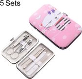 5 sets 7 in 1 roestvrijstalen nagelverzorging Clipper pedicure manicuresets met Kitty Pattern Case-Geen