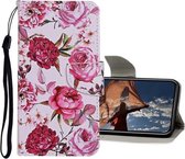 Gekleurde tekening patroon horizontale flip lederen tas met houder & kaartsleuven & portemonnee voor iPhone 12/12 Pro (pioenroos)