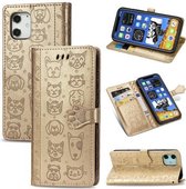 Voor iPhone 12 mini Leuke Kat en Hond In reliëf gemaakte Horizontale Leren Flip Case met Houder & Kaartsleuven & Portemonnee & Lanyard (Goud)