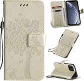 Tree & Cat Pattern Pressed Printing Horizontale Flip PU lederen tas met houder & kaartsleuven & portemonnee & lanyard voor iPhone 11 Pro (goud)