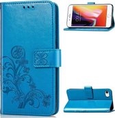 Voor iPhone SE 2020 vierbladige gesp reliëf gesp mobiele telefoon bescherming lederen tas met lanyard & kaartsleuf & portemonnee & beugel functie (blauw)