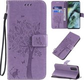 Voor OPPO Find X2 Tree & Cat Pattern Pressed Printing Horizontale Flip PU lederen tas met houder & kaartsleuven & portemonnee & lanyard (lichtpaars)