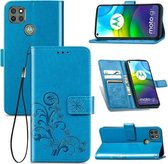 Voor Motorola G9 Power vierbladige gesp reliëf gesp mobiele telefoon bescherming lederen tas met lanyard & kaartsleuf & portemonnee & beugel functie (blauw)