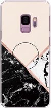 Voor Galaxy S9 reliëf gelakt marmer TPU beschermhoes met houder (zwart wit roze)