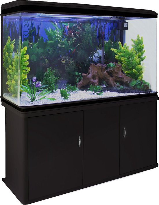 Foto: Aquarium 300 l zwart starterset inclusief meubel wit grind 120 5 cm x 39 cm x 143 5 cm filter verwarming ornament kunstplanten luchtpomp fish tank