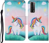 Voor Huawei P smart 2021 Gekleurde Tekening Patroon Horizontale Flip Leren Case met Houder & Kaartsleuven & Portemonnee & Lanyard (Regenboog Eenhoorn)