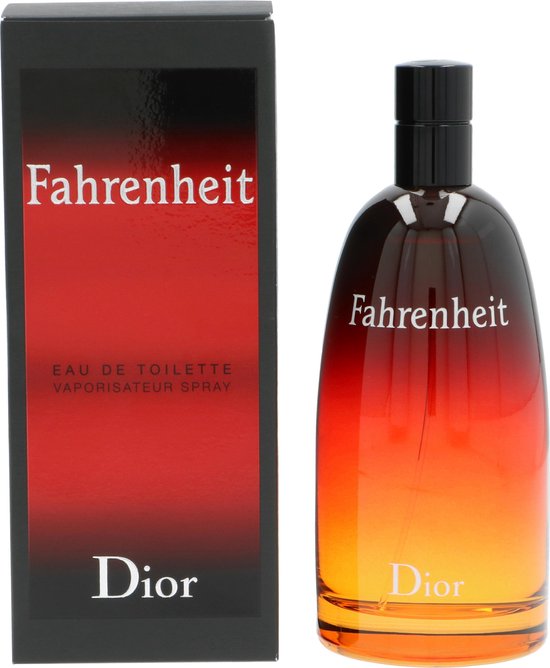 Fahrenheit Dior Eau de Toilette spray in een glazen fles met rode en oranje gradiënt, naast de rode kartonnen doos.