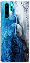 Voor Huawei P30 Pro reliëf gelakt marmer TPU beschermhoes met houder (donkerblauw)