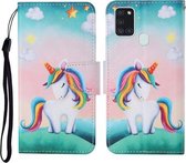 Voor Samsung Galaxy A21s Gekleurde Tekening Patroon Horizontale Flip Leren Case met Houder & Kaartsleuven & Portemonnee & Lanyard (Regenboog Eenhoorn)