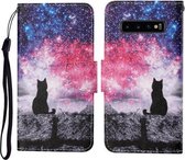 Voor Samsung Galaxy S10 Gekleurde Tekening Patroon Horizontale Flip Leren Case met Houder & Kaartsleuven & Portemonnee & Lanyard (Starry Cat)