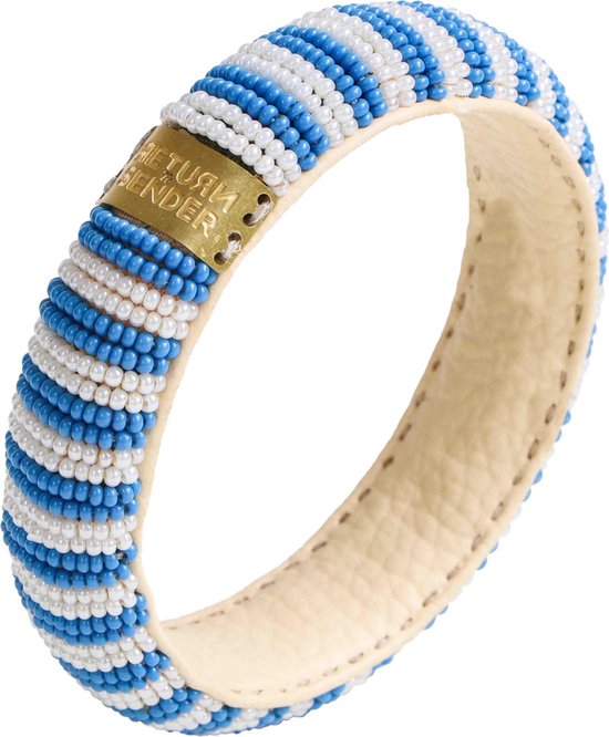 Return to Sender | Armband - Beaded bracelet slim Wit / blauw strepen - Skai (leer) met kralen - Blauw; Wit