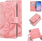 Voor Samsung Galaxy S10 Tiger Embossing Pattern Horizontale Flip lederen tas met houder & kaartsleuven & portemonnee (roze)