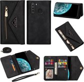 Voor Samsung Galaxy A21 Skin Feel Rits Horizontale Flip Leren Case met Houder & Kaartsleuven & Fotolijst & Lanyard & Lang Touw (Zwart)