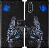 Voor Samsung Galaxy A01 Cross Texture Painting Pattern Horizontale Flip Leather Case met Houder & Kaartsleuven & Portemonnee & Lanyard (Blue Butterfly Cat Eyes)
