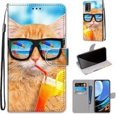 Voor Geschikt voor Xiaomi Redmi Note 9 4G / 9 Power Gekleurde Tekening Cross Textuur Horizontale Flip PU Lederen Case met Houder & Kaartsleuven & Portemonnee & Lanyard (Kat Drinken