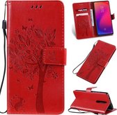 Tree & Cat Pattern Pressed Printing Horizontale Flip PU lederen tas met houder & kaartsleuven & portemonnee & lanyard voor Xiaomi Mi 9T & Mi 9T Pro & Redmi K20 & K20 Pro (rood)