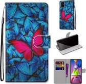 Voor Samsung Galaxy M51 Gekleurde Tekening Cross Textuur Horizontale Flip PU Lederen Case met Houder & Kaartsleuven & Portemonnee & Lanyard (Grote Rode Vlinder Op Blauw)