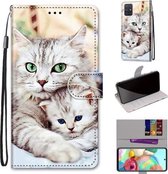 Voor Samsung Galaxy A71 Gekleurde Tekening Cross Textuur Horizontale Flip PU Lederen Case met Houder & Kaartsleuven & Portemonnee & Lanyard (Big Cat Hugging Kitten)