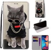 Voor Samsung Galaxy A20e Gekleurde Tekening Cross Textuur Horizontale Flip PU Lederen Case met Houder & Kaartsleuven & Portemonnee & Lanyard (Gouden Ketting Grijze Kat)