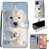 Voor Samsung Galaxy A42 5G Gekleurde Tekening Cross Textuur Horizontale Flip PU Lederen Case met Houder & Kaartsleuven & Portemonnee & Lanyard (Sneeuw Puppy)