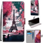 Voor Samsung Galaxy S21 Ultra 5G Gekleurde Tekening Cross Textuur Horizontale Flip PU Lederen Case met Houder & Kaartsleuven & Portemonnee & Lanyard (Pink Flower Tower Bridge)