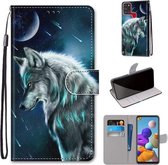 Voor Samsung Galaxy A21s Gekleurde Tekening Cross Textuur Horizontale Flip PU Lederen Case met Houder & Kaartsleuven & Portemonnee & Lanyard (Peinzende Wolf)