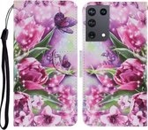 Voor Samsung Galaxy S21 Ultra 5G Gekleurde Tekening Patroon Horizontale Flip PU Lederen Case met Houder & Kaartsleuven & Portemonnee & Lanyard (Rose Vlinder)