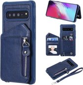 Voor Galaxy S10 5G dubbele gespen ritssluiting schokbestendige achterkant beschermhoes met houder & kaartsleuven & portemonnee & lanyard & fotolijsten (blauw)