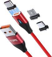 TOPK AM63 1 m USB naar 8-pins + USB-C / Type-C + Micro USB 3 in 1 platte magnetische metalen connector Nylon gevlochten magnetische snellaadgegevenskabel (rood)