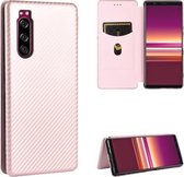 Voor Sony Xperia 5 Carbon Fiber Texture Magnetische Horizontale Flip TPU + PC + PU Leather Case met Card Slot (Pink)