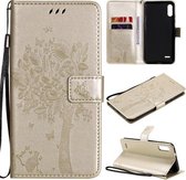 Voor LG K22 / K22 Plus Boom & Kat Patroon Geperst Afdrukken Horizontale Flip PU Lederen Case met Houder & Kaartsleuven & Portemonnee & Lanyard (Goud)