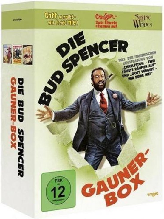 DVD-box met Bud Spencer op de voorkant, omringd door groene en gele tekst. Titel: 'Die Bud Spencer Gauner-Box'.