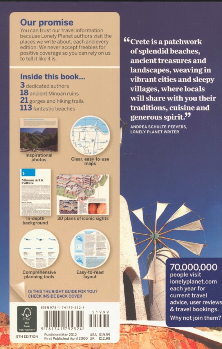 Boek met de titel 'Crete', met afbeeldingen van kaarten, bezienswaardigheden en een citaat over Kreta.