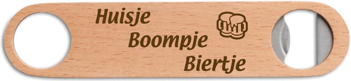Gegraveerde bieropener/flesopener met de tekst huisje, boompje, biertje