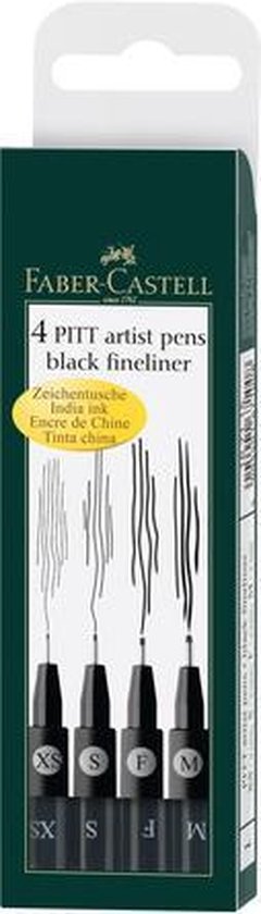 Faber-Castell 4 PITT artist pens fineliner zwart. Vier pennen met verschillende puntgroottes: XS, S, F, M.