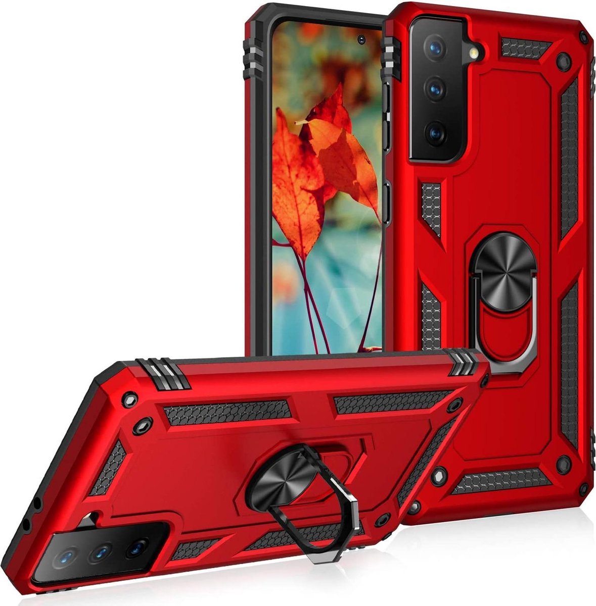 Anti-Shock Hybrid Ring Armor Hoesje Geschikt voor: Samsung Galaxy S21 Plus (6,7 inch) / S21+ 5G - rood