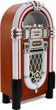 Bruine jukebox met chromen en witte accenten, op vier zwarte pootjes, op witte achtergrond.