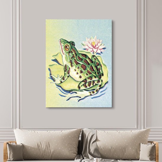 Illustration colorée d'une grenouille sur un lys 120x160 cm - Tirage photo sur toile (Décoration murale salon / chambre) XXL / Groot format!