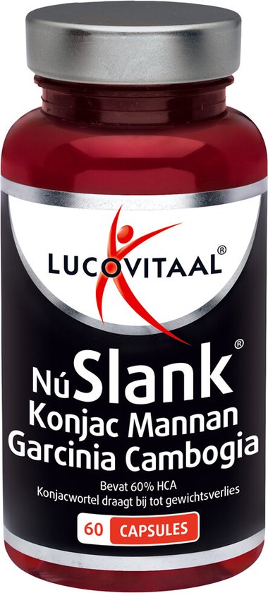 Fles "Lucovitaal NÚ Slank Konjac Mannan Garcinia Cambogia" met 60 capsules.