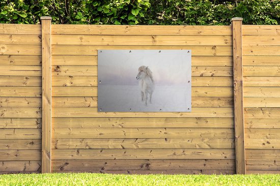Tuinposter 120x80 cm - Tuindecoratie Wit IJslander paard in de sneeuw - Poster voor in de tuin - Buiten decoratie - Schutting tuinschilderij - Tuindoek muurdecoratie - Wanddecoratie balkondoek