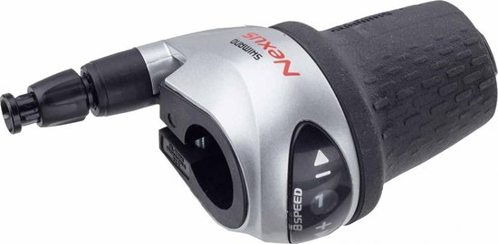 Shimano Nexus draaigreep shifter, zilverkleurig met zwart handvat, 8 versnellingen aangegeven.