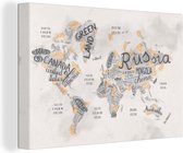 Canvas Wereldkaart - 30x20 - Wanddecoratie Wereldkaart - Letters - Bruin