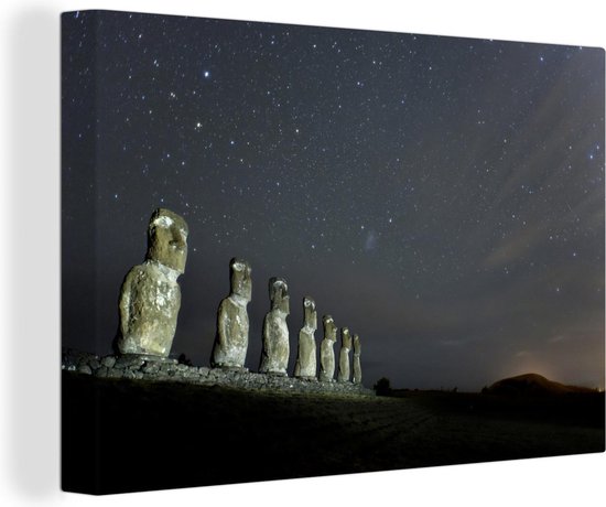 Canvas Schilderij Sterrenhemel boven de Moai beelden - 30x20 cm - Wanddecoratie