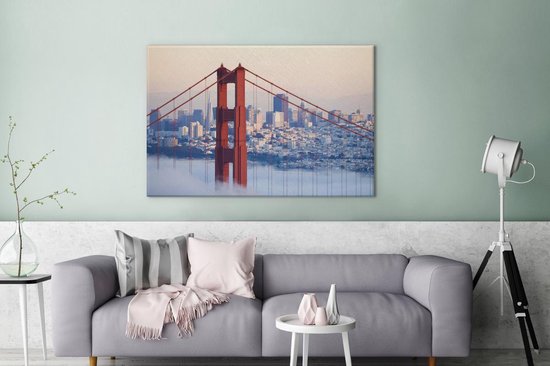Canvas Schilderij Mistig rond de Golden Gate Bridge en San Francisco - 180x120 cm - Wanddecoratie XXL