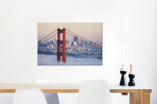 Canvas Schilderij Mistig rond de Golden Gate Bridge en San Francisco - 90x60 cm - Wanddecoratie
