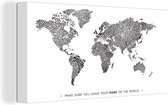 Canvas Wereldkaart - 40x20 - Wanddecoratie Wereldkaart - Quote - Zwart - Wit