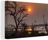 Canvas Schilderij Silhouet van bomen aan de Serondela-rivier bij zonsondergang in het Nationaal park Chobe - 90x60 cm - Wanddecoratie