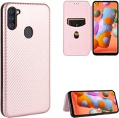 Voor Samsung Galaxy A11 (EU-versie) Koolstofvezeltextuur Magnetisch Horizontaal Flip TPU + PC + PU-lederen tas met touw en kaartsleuf (roze)